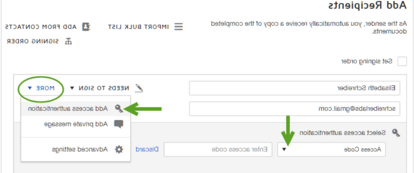 Screenshot of how to select access codes in DocuSign.